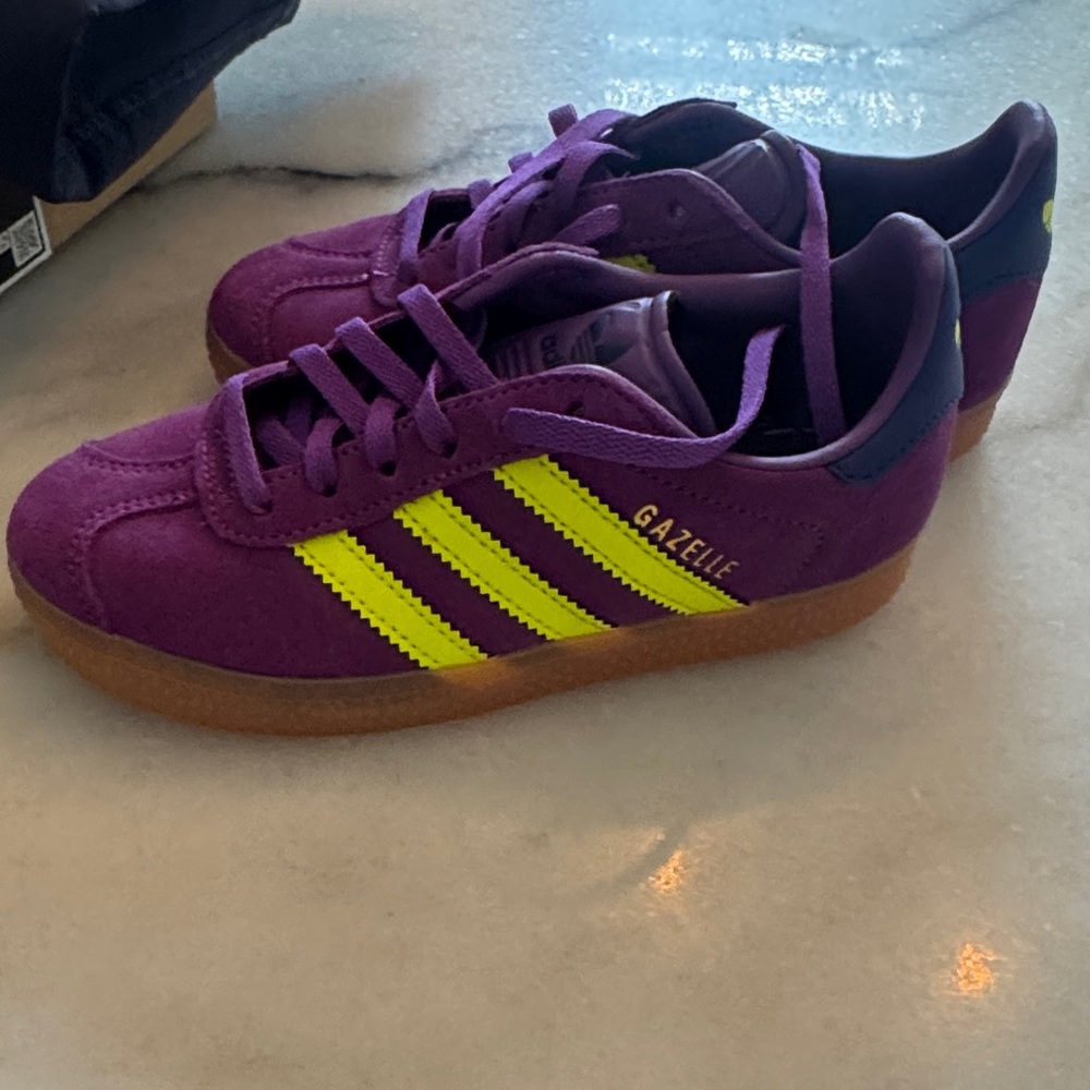 New Adidas Kids Gazelle Purple with Neon Stripes